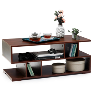 Mahogany Brown S-Shaped Coffee Table with Storage