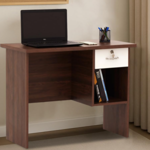 Walnut Brown Study Table with Lockable Drawer & Storage