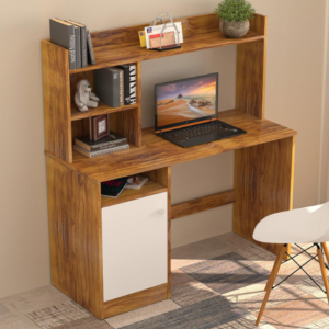 Golden Oak Study Table with Hutch, Bookshelf & Storage Cabinet