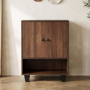 Walnut Brown Two-Door Storage Cabinet with Open Shelf