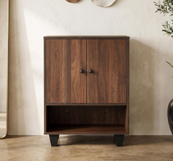 Walnut Brown Two-Door Storage Cabinet with Open Shelf
