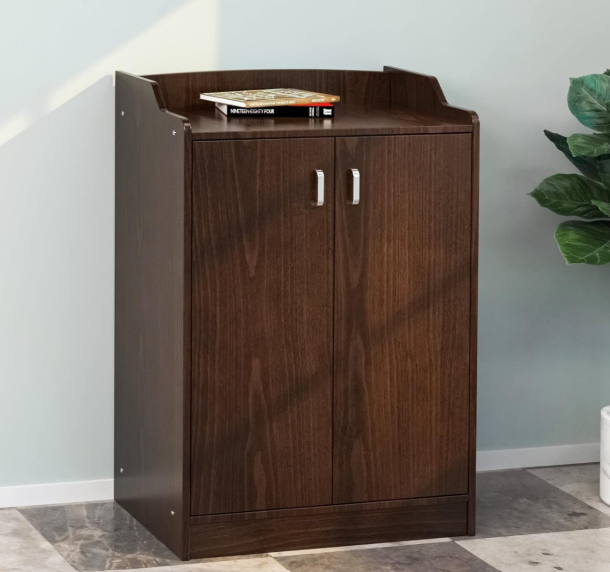 Dark Cherry Two-Door Entryway Storage Cabinet with Top Tray