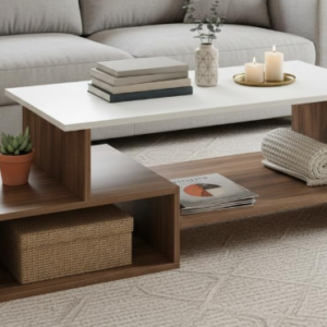 White & Walnut Asymmetric Coffee Table with Offset Storage