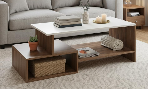 White & Walnut Asymmetric Coffee Table with Offset Storage