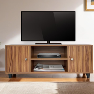 Teak Finish TV Console with Side Cabinets and Open Shelving
