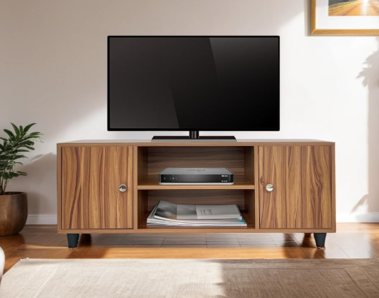 Teak Finish TV Console with Side Cabinets and Open Shelving