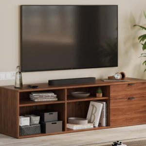 Walnut TV Console with Open Shelving and Storage Drawers