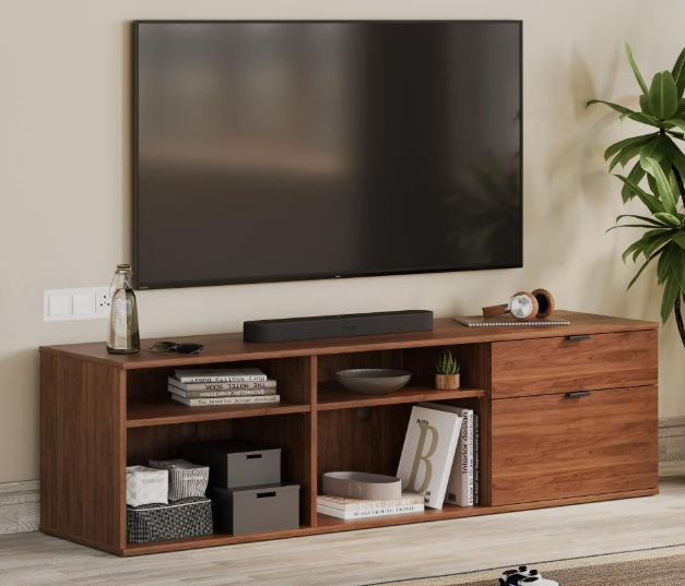 Walnut TV Console with Open Shelving and Storage Drawers