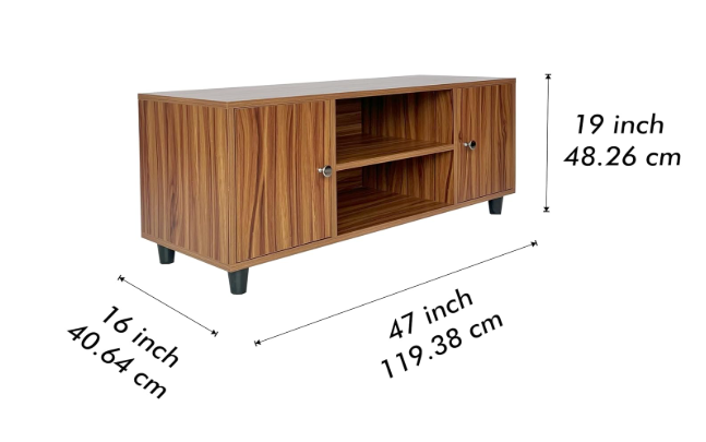 Teak Finish TV Console with Side Cabinets and Open Shelving - Image 3