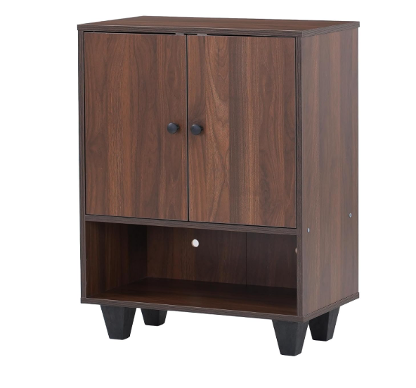 Walnut Brown Two-Door Storage Cabinet with Open Shelf - Image 2