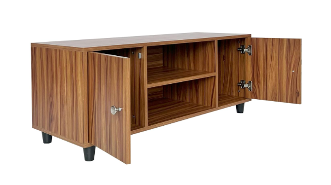 Teak Finish TV Console with Side Cabinets and Open Shelving - Image 2