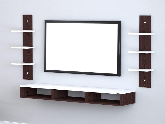 Wenge & White Wall-Mounted TV Panel with Side Shelves - Image 2